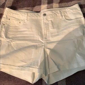 White distressed high rise jean shorts